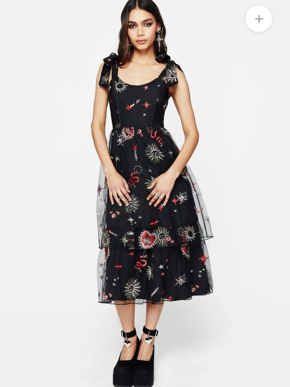 Disturbia - Black Embroidered Tie-Shoulder Midi Dress